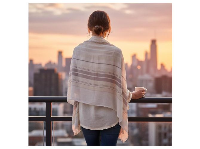Gucci Sciarpa Samantha a Righe in Puro Cotone - Crema Bianco Beige Grigio - vista 10