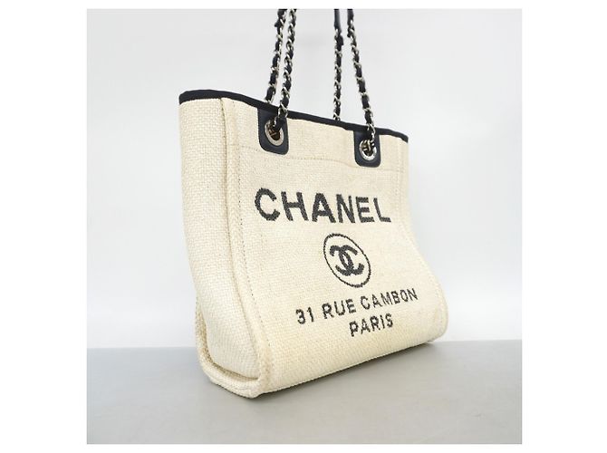 Chanel Deauville Raphia Chain Tote Bag Weiß Marineblau - Ansicht 2