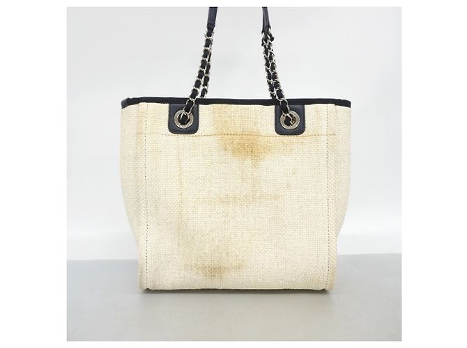 Chanel Deauville Raphia Chain Tote Bag Weiß Marineblau - Ansicht 9