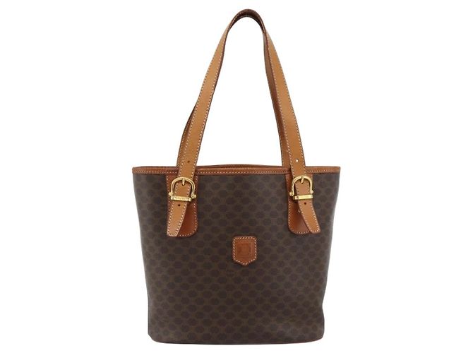 Céline Borsa a Mano CELINE Macadam Canvas PVC Pelle Marrone Oro Auth 187377 D'oro - vista 13