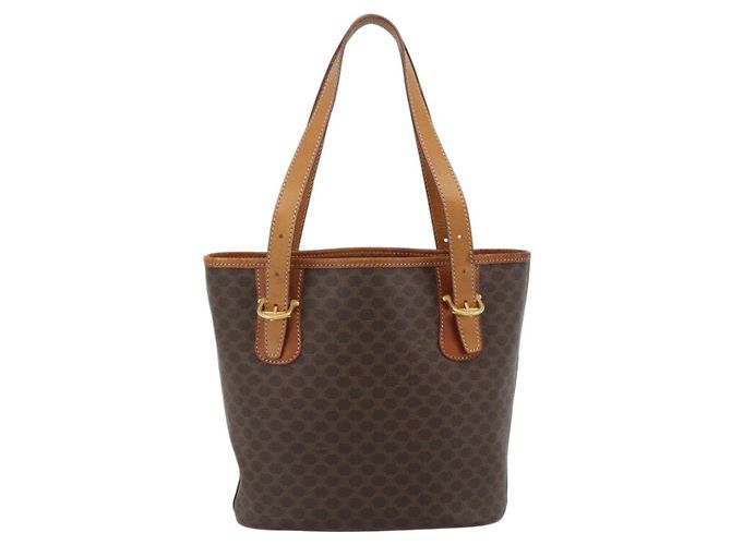 Céline Borsa a Mano CELINE Macadam Canvas PVC Pelle Marrone Oro Auth 187377 D'oro - vista 2