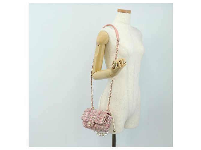 CHANEL Borsa a Spalla con Catena Tweed 2way Pink Gold CC Auth 185316M Rosa D'oro - vista 33
