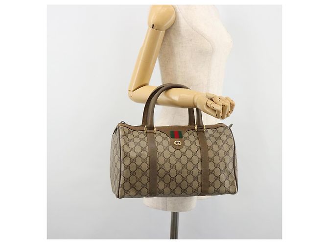 Bolsa Boston GUCCI GG Supreme Web Sherry Line PVC Bege Ouro 40 02 007 Auth 186023 Dourado - vista 24