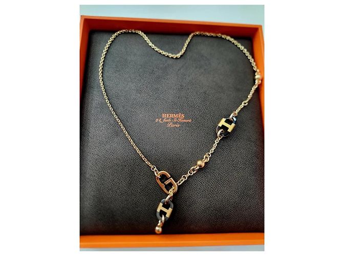 Chaîne d'ancre Hermès Collana Sautoir Ever Chain Anchor in Corno e Metallo Argento - vista 3