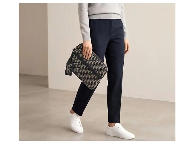 Dior Oblique Pochette in Jacquard di Tela Blu Navy - vista 3