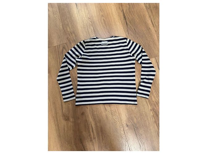 Ganni Top de manga larga a rayas de algodón Blanco Azul marino - vista 11