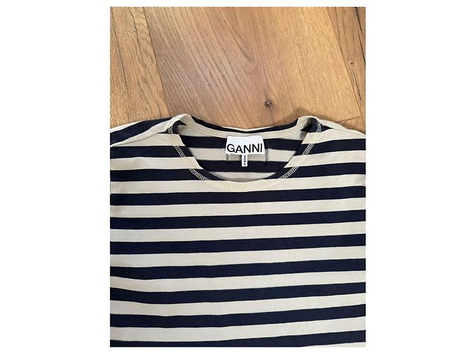 Ganni Top de manga larga a rayas de algodón Blanco Azul marino - vista 3