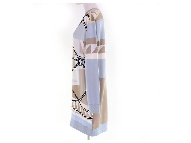 Hermès Künstlerisches Twill Wolle Seidenkleid Größe 36 Blau Beige Hellblau - Ansicht 2