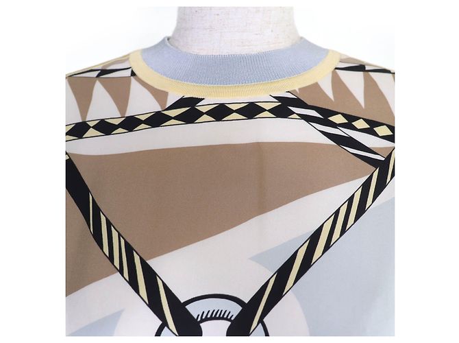 Hermès Künstlerisches Twill Wolle Seidenkleid Größe 36 Blau Beige Hellblau - Ansicht 4