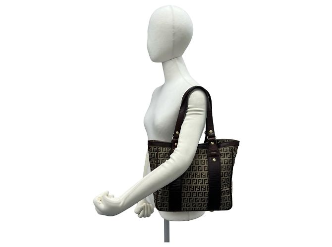 Fendi Zucchino FF Pattern Canvas Leather Tote Bag Brown Khaki - view 2