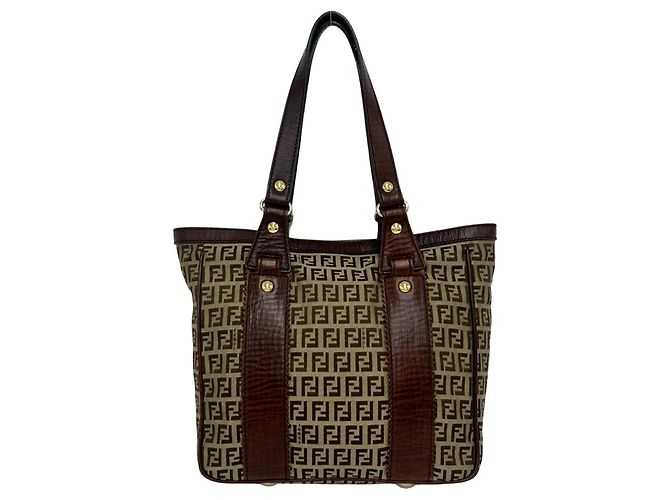 Fendi Zucchino FF Pattern Canvas Leather Tote Bag Brown Khaki - view 3