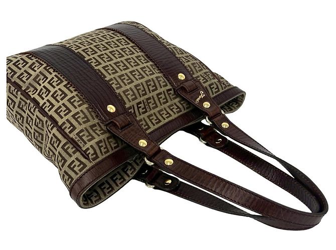 Fendi Zucchino FF Pattern Canvas Leather Tote Bag Brown Khaki - view 4