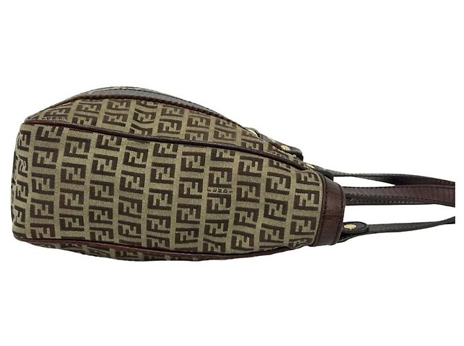 Fendi Zucchino FF Pattern Canvas Leather Tote Bag Brown Khaki - view 6