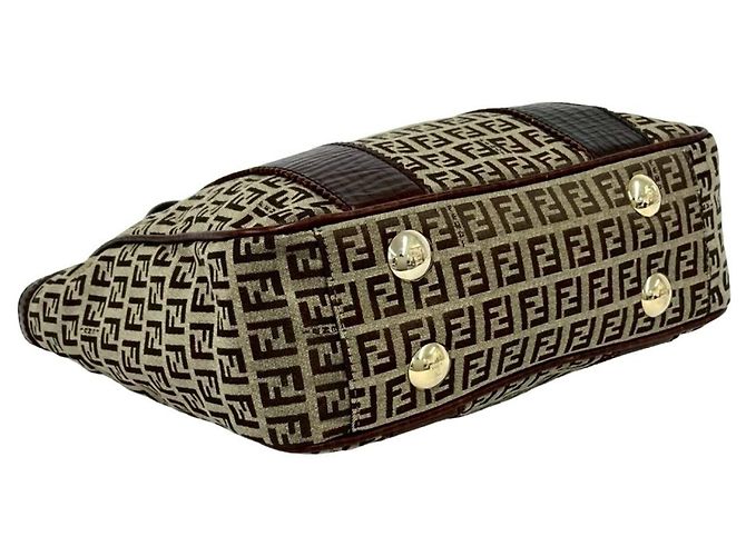 Fendi Zucchino FF Pattern Canvas Leather Tote Bag Brown Khaki - view 7