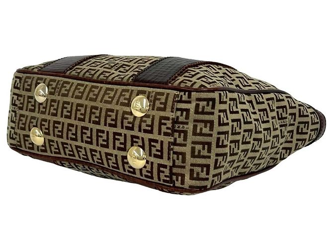 Fendi Zucchino FF Pattern Canvas Leather Tote Bag Brown Khaki - view 8