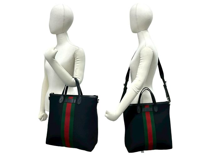 Borsa a mano GUCCI Sherry Line Canvas Leather Nero Rosso Verde - vista 2