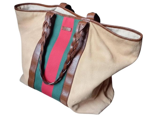 Große Gucci Tote Bag aus beigem Canvas und Leder Braun Rot Grün - Ansicht 10