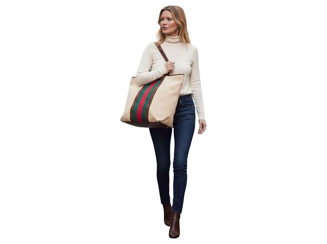 Große Gucci Tote Bag aus beigem Canvas und Leder Braun Rot Grün - Ansicht 2