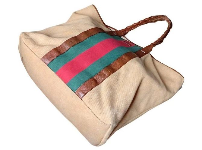 Große Gucci Tote Bag aus beigem Canvas und Leder Braun Rot Grün - Ansicht 5