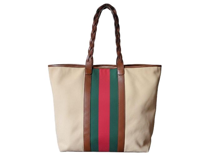 Große Gucci Tote Bag aus beigem Canvas und Leder Braun Rot Grün - Ansicht 9