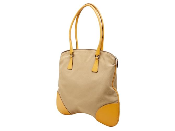 Prada Triangle Logo Plate Tote Bag Beige Gelb - Ansicht 2