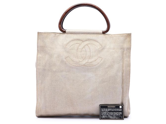 Chanel Beige CC Canvas Tote mit Holzgriff - Ansicht 7