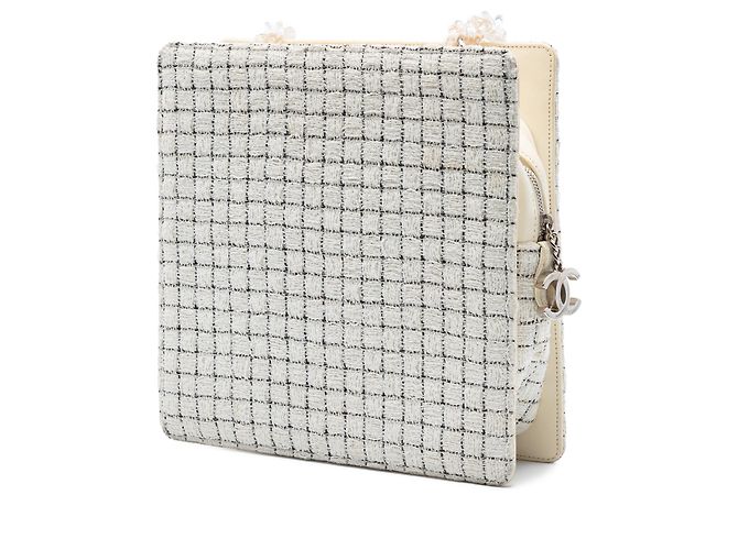 Borsa Shopping Chanel in Tweed Bianco e Resina con Cerniera Crudo - vista 2