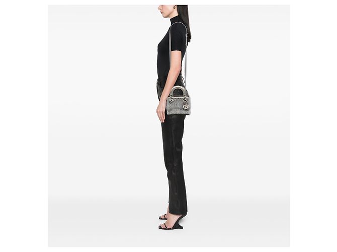 Lady Dior Mini in raso grigio con ricami cannage e cristalli Dior Marrone - vista 6