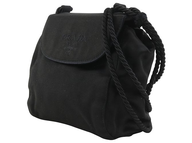 Borsa a tracolla Prada in raso nero con logo e frange - vista 2