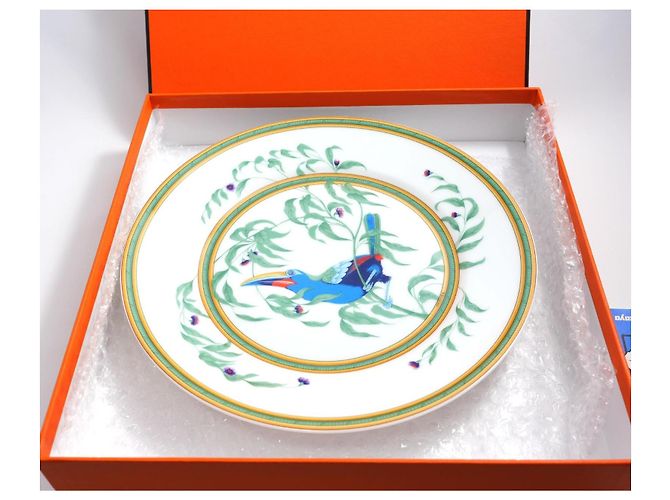Hermès Piatto Piano Toucan in Porcellana 25 cm Bianco Rosso Blu Verde Arancione - vista 12