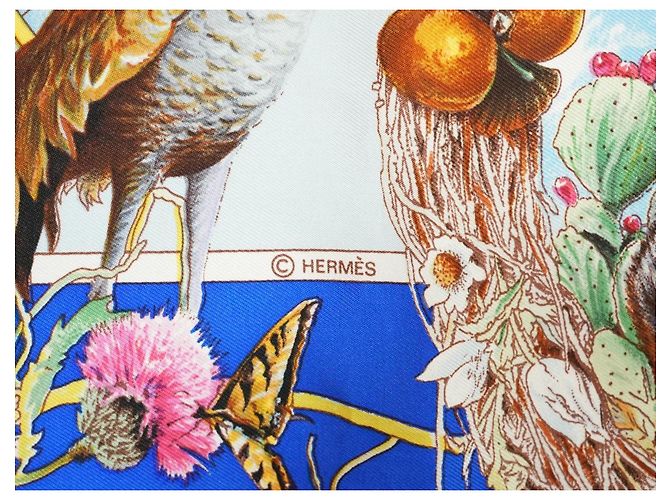 Carré Hermès Faune et Flore du Texas Wildlife 90 cm di Kermit Oliver Marrone Rosa Bianco Rosso Blu D'oro Verde - vista 10