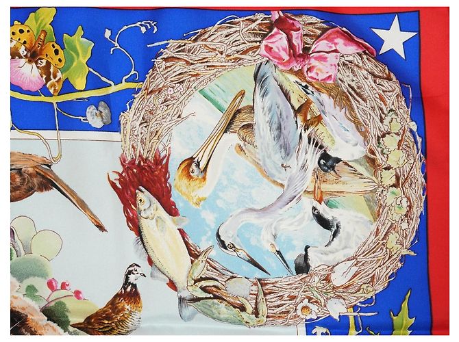 Carré Hermès Faune et Flore du Texas Wildlife 90 cm di Kermit Oliver Marrone Rosa Bianco Rosso Blu D'oro Verde - vista 12