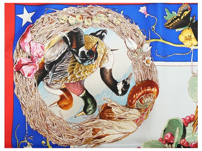 Carré Hermès Faune et Flore du Texas Wildlife 90 cm di Kermit Oliver Marrone Rosa Bianco Rosso Blu D'oro Verde - vista 13