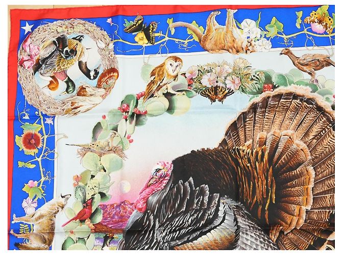 Carré Hermès Faune et Flore du Texas Wildlife 90 cm di Kermit Oliver Marrone Rosa Bianco Rosso Blu D'oro Verde - vista 2