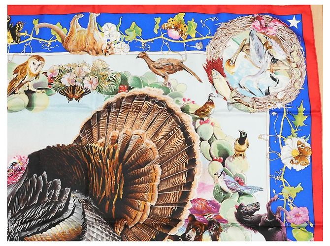Carré Hermès Faune et Flore du Texas Wildlife 90 cm di Kermit Oliver Marrone Rosa Bianco Rosso Blu D'oro Verde - vista 3