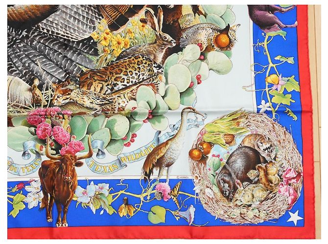 Carré Hermès Faune et Flore du Texas Wildlife 90 cm di Kermit Oliver Marrone Rosa Bianco Rosso Blu D'oro Verde - vista 4