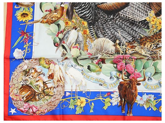 Carré Hermès Faune et Flore du Texas Wildlife 90 cm di Kermit Oliver Marrone Rosa Bianco Rosso Blu D'oro Verde - vista 5