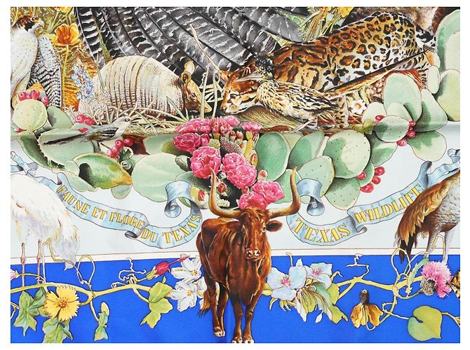 Carré Hermès Faune et Flore du Texas Wildlife 90 cm di Kermit Oliver Marrone Rosa Bianco Rosso Blu D'oro Verde - vista 7