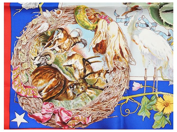 Carré Hermès Faune et Flore du Texas Wildlife 90 cm di Kermit Oliver Marrone Rosa Bianco Rosso Blu D'oro Verde - vista 8