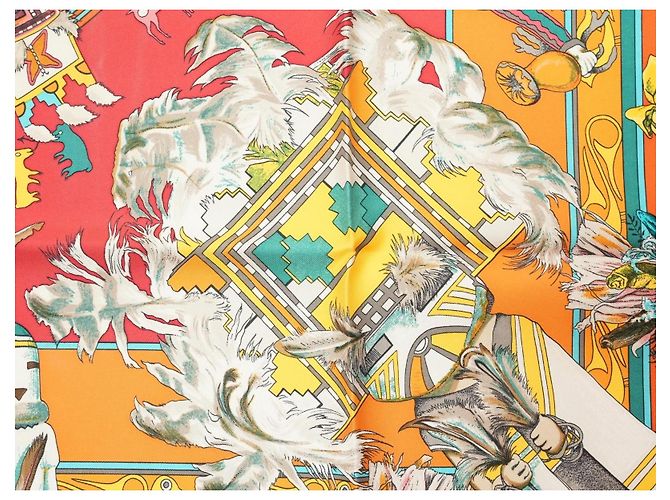 Carré Hermès Kachina di Kermit Oliver 90 cm Seta Arancione Marrone Rosa Bianco Rosso Blu Verde Giallo - vista 11