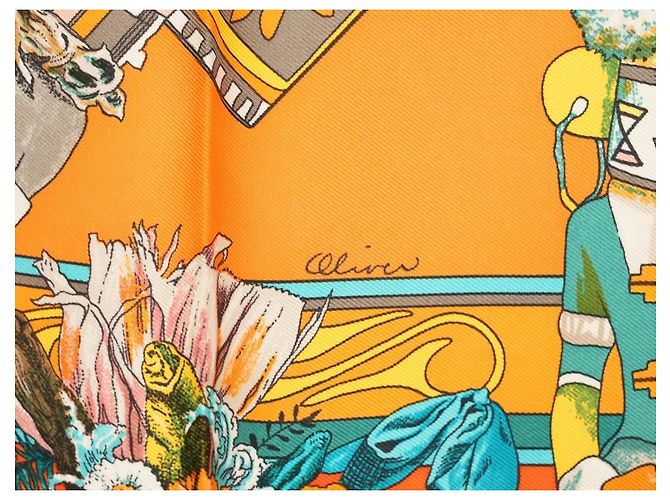 Carré Hermès Kachina di Kermit Oliver 90 cm Seta Arancione Marrone Rosa Bianco Rosso Blu Verde Giallo - vista 12