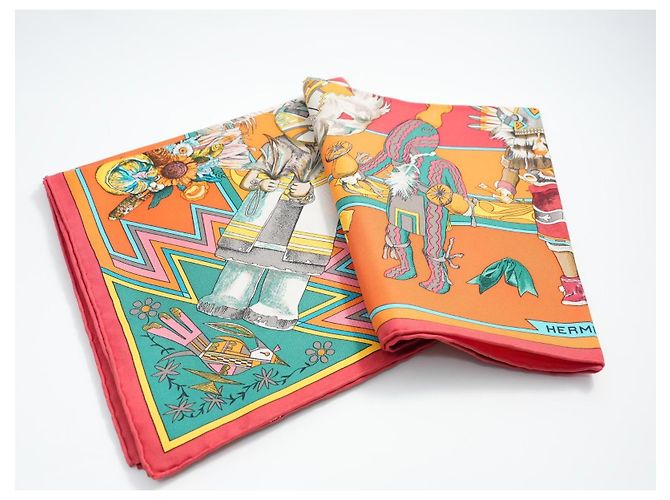 Carré Hermès Kachina di Kermit Oliver 90 cm Seta Arancione Marrone Rosa Bianco Rosso Blu Verde Giallo - vista 13