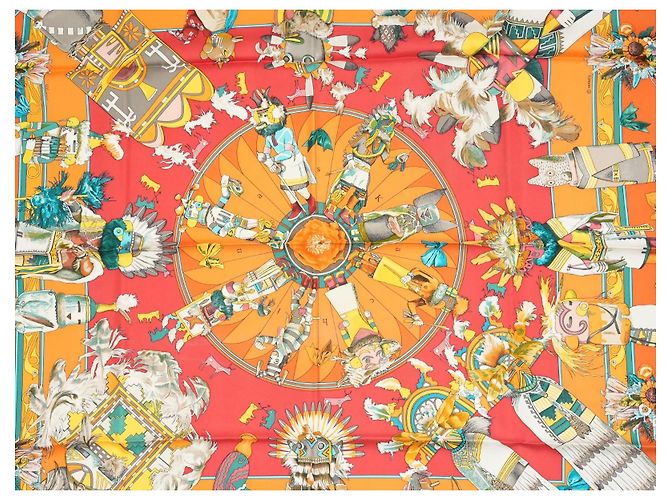 Carré Hermès Kachina di Kermit Oliver 90 cm Seta Arancione Marrone Rosa Bianco Rosso Blu Verde Giallo - vista 2