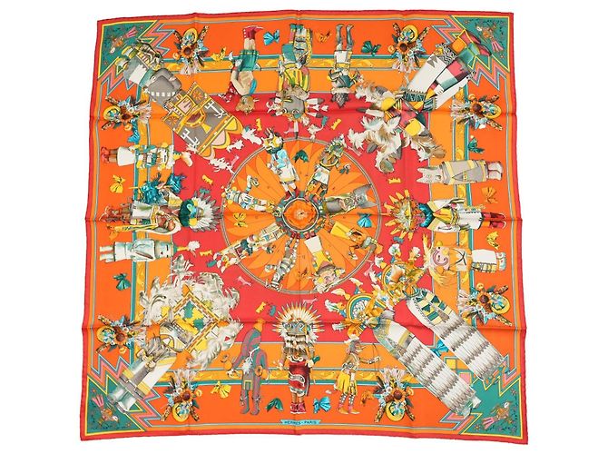 Carré Hermès Kachina di Kermit Oliver 90 cm Seta Arancione Marrone Rosa Bianco Rosso Blu Verde Giallo - vista 3