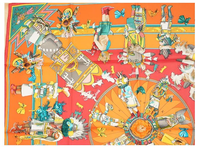 Carré Hermès Kachina di Kermit Oliver 90 cm Seta Arancione Marrone Rosa Bianco Rosso Blu Verde Giallo - vista 4