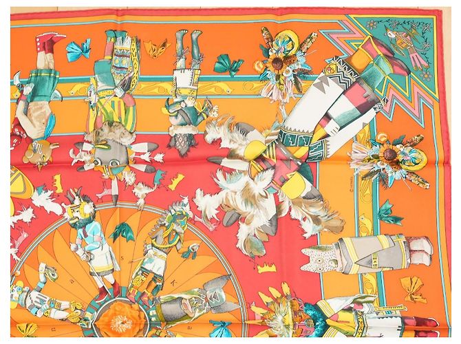 Carré Hermès Kachina di Kermit Oliver 90 cm Seta Arancione Marrone Rosa Bianco Rosso Blu Verde Giallo - vista 5
