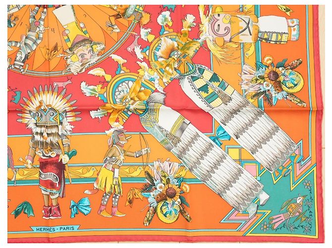 Carré Hermès Kachina di Kermit Oliver 90 cm Seta Arancione Marrone Rosa Bianco Rosso Blu Verde Giallo - vista 6