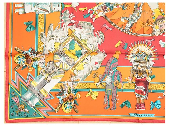 Carré Hermès Kachina di Kermit Oliver 90 cm Seta Arancione Marrone Rosa Bianco Rosso Blu Verde Giallo - vista 7