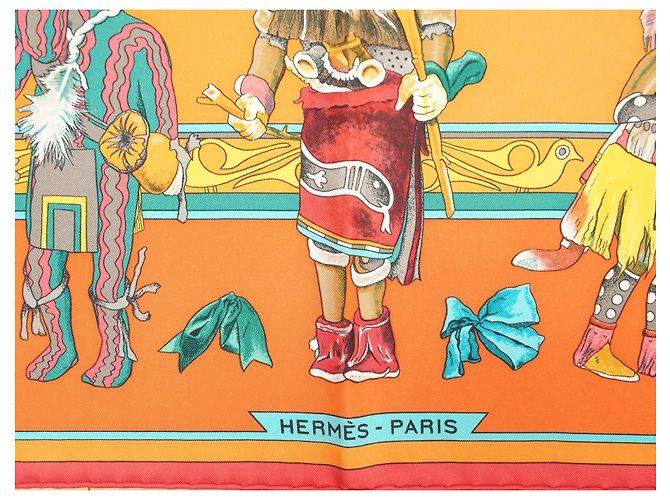 Carré Hermès Kachina di Kermit Oliver 90 cm Seta Arancione Marrone Rosa Bianco Rosso Blu Verde Giallo - vista 8