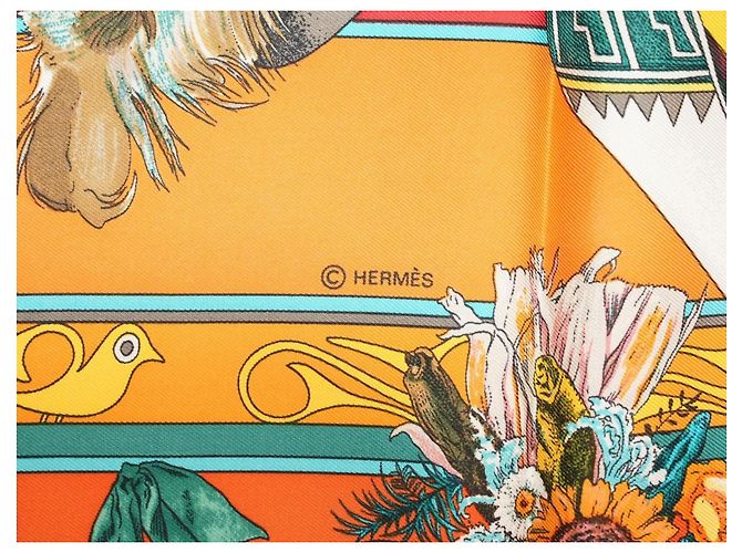 Carré Hermès Kachina di Kermit Oliver 90 cm Seta Arancione Marrone Rosa Bianco Rosso Blu Verde Giallo - vista 9